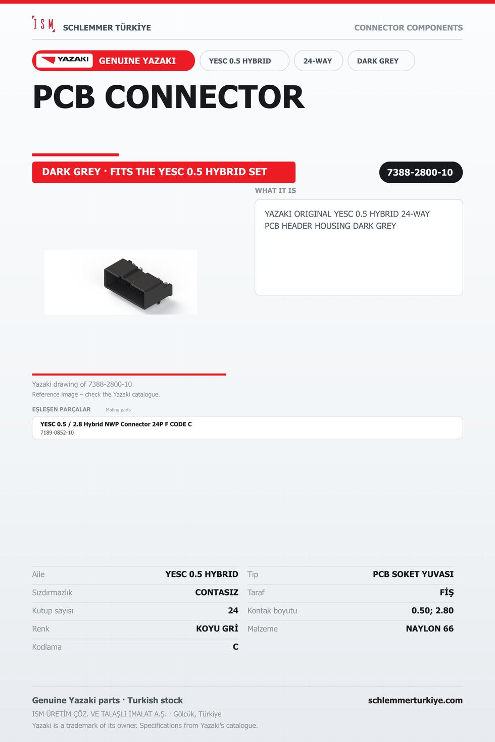 ORİJİNAL YESC 0.5 HYBRID 24 KUTUP PCB SOKET YUVASI KOYU GRİ